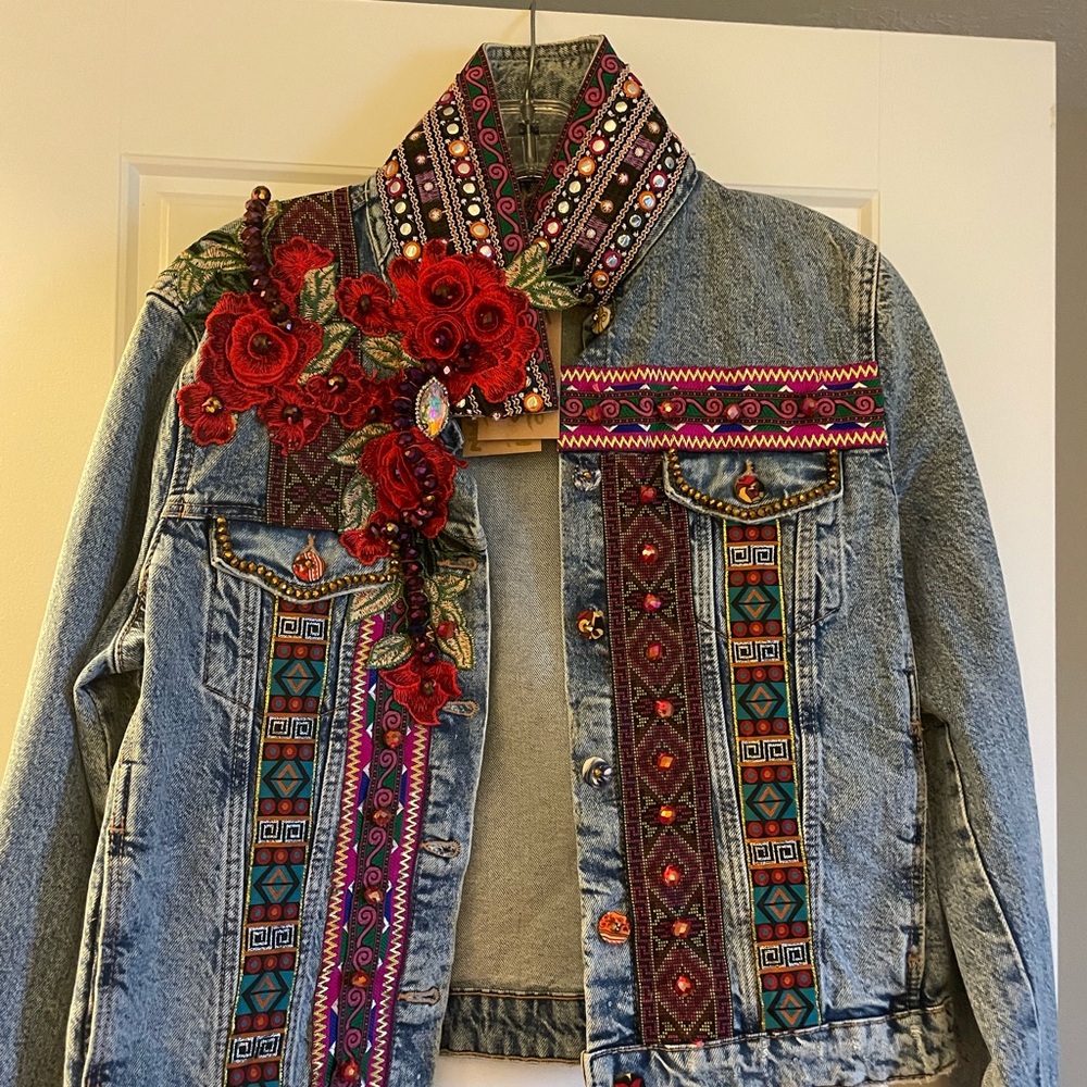 Embroidered Denim Jacket with Red Accents